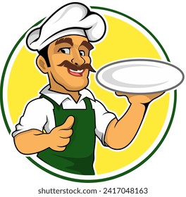 vector graphic illustration, chef logo, food logo, vector of a chef holding an empty container, wearing white and green clothes in a yellow circle with green borders, suitable for use as food logo des