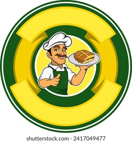 vector graphic illustration, chef logo, food logo, vector of a chef holding a container containing martabak, wearing white and green clothes with a name label ribbon, suitable for use as food logo des