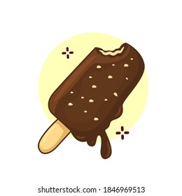 Vector graphic illustration of chocolate ice cream stick with grated peanut and bite marks