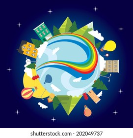 Vector graphic illustration of a cityscape with a rainbow, trees and houses