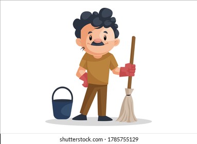 Vector graphic illustration of cleaning man with mop and bucket. Individually on a white background.	
