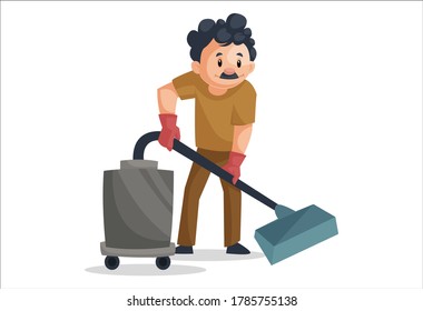 Ilustración gráfica vectorial. Un hombre que limpia el piso está limpiando con una aspiradora. Individualmente sobre un fondo blanco.	