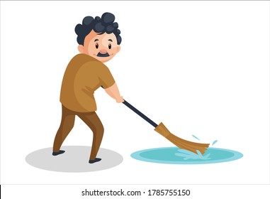 Vector graphic illustration. Cleaning man is cleaning floor water with a broom. Individually on a white background.	
