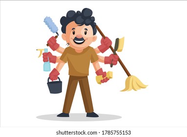 Vector graphic illustration. Cleaning man is doing multitasking with multiple hands. Individually on a white background.	