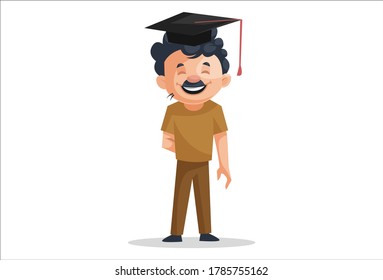 Vector graphic illustration. Cleaning man is wearing a graduate hat. Individually on a white background.	