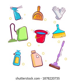 Vector Graphic Illustration of cleaning tools set with doodle style