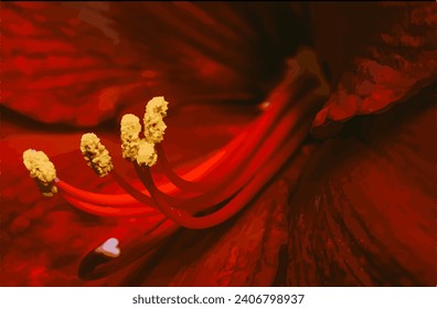 Vector graphic illustration of close up red flower pistils in watercolor style 