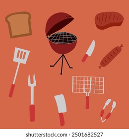 Vector Graphic Illustration of a Collection of Tools for Barbecue Suitable for Posters, Magazines and Banners
