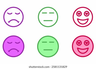 Vector graphic illustration of colorful emoji face icons showing emotions like sadness, neutrality, and romantic love. Visual representation of human feelings in minimalist and expressive design.