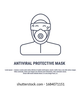 Vector graphic illustration. Concept line, outline, linear design. Man in antiviral protective mask and glasses. Respiratory mask with filter. Coronavirus pneumonia covid-19. Symbol, sign, logo.