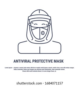 Vector graphic illustration. Concept line, outline, linear design. Man in antiviral protective mask, glasses and visor. Respiratory mask. Coronavirus pneumonia. Symbol, sign, logo, emblem