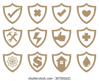 Vector graphic illustration of conceptual symbols in shield shape frame isolated on white background.