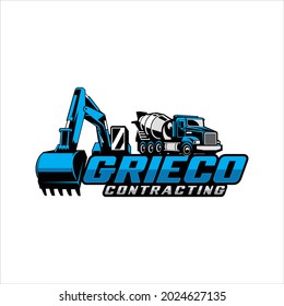 Vector graphic illustration of concrete mixer truck and excavator logo vector template