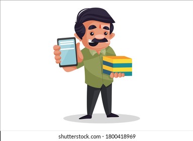 Vector graphic illustration. Confectioner holding mobile and sweets boxes in hand for online booking. Individually on a white background.