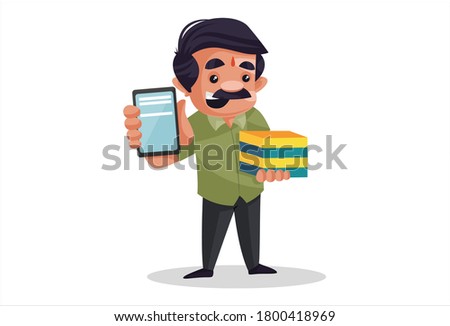 Vector graphic illustration. Confectioner holding mobile and sweets boxes in hand for online booking. Individually on a white background.