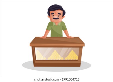 Vector graphic illustration. Confectioner is standing on counter stall. Individually on a white background.