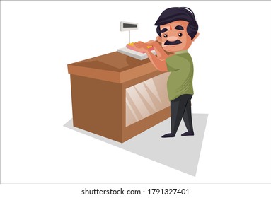 Vector graphic illustration. Confectioner is weighing sweets on the machine. Individually on a white background.