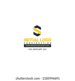 vector graphic illustration of a construction company logo with tractor car and dam car icons.