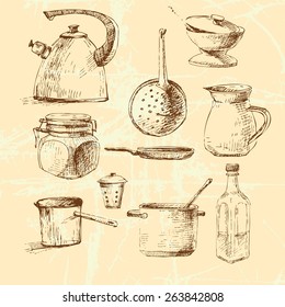 Vector graphic illustration with cookware set for your design.
