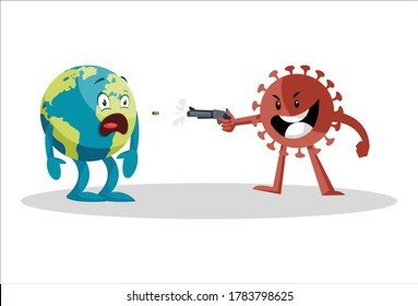 Ilustración gráfica vectorial. Coronavirus está matando tierra con una pistola. Individualmente sobre un fondo blanco.	