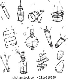vector graphic illustration of cosmetics (serums, masks, perfumes, vitamins, hand cream, face cream, cotton swabs, sponges, cotton pads)