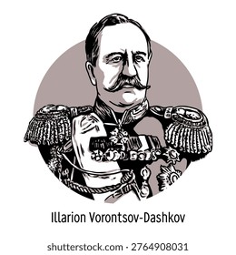 Vector graphic illustration of Count Illarion Ivanovich Vorontsov-Dashkov. Featuring a modern circular design and military uniform, ideal for historical and educational projects related to the Russian Empire