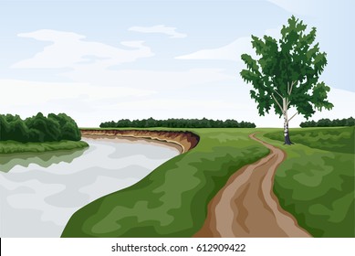 Vector graphic illustration of a countryside landscape on a summer day.
An image of a birch tree, a river, a shore with a cliff, 
a country road, a meadow and thickets of bush and forest.