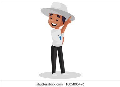 Vector graphic illustration. Cricket umpire is pointing his finger up during the match. Individually on a white background.