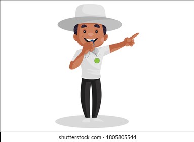 Vector graphic illustration. Cricket umpire is whistling and pointing his finger during the match. Individually on white background.