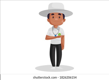 Vector graphic illustration. Cricket umpire is giving four runs signal by waving his arm during the match. Individually on white background.