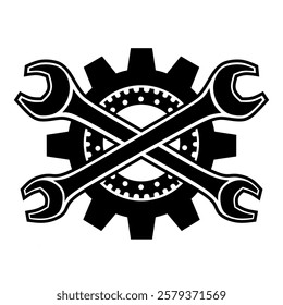 Vector graphic illustration of crossed wrench icon silhouette over gears on white background. Represents industry, repair, machinery and mechanical concepts. Perfect for logos, emblems and industrial