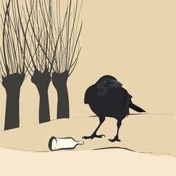 Vector Graphic Illustration Of Crow And Pollard Willow Tree