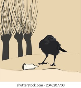 Vector graphic illustration of crow and pollard willow tree