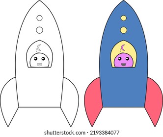 Vector graphic illustration of cute alien cartoon character spaceship in Doodle Kawaii line art style. Suitable for children's books, t-shirts, apparel and other children's products.