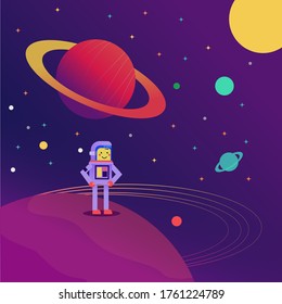 Vector Graphic Illustration of Cute Astronaut or Cosmonot Standing On The Strange Planet, Flat Design Style Astro Illustration