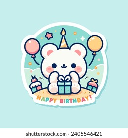 Vector graphic illustration of a cute bear sitting holding a birthday gift. Perfect for birthday, gift, and invitation card design elements. Sticker birthday party concept