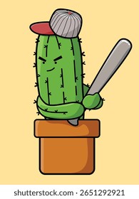 Vector graphic illustration of a cute cactus wearing a hat and holding a baseball bat