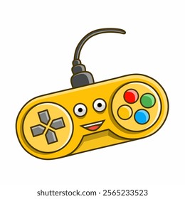 Vector graphic illustration of a cute cartoon style yellow video game controller with expressive facial features, colorful buttons and a cheerful mood, symbolizing joy, play and leisure activities.