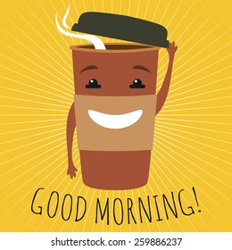 Vector graphic illustration with cute cup of coffee to go with smiley face. Good morning 