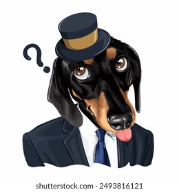 Vector graphic illustration of a cute dog wearing a suit and hat