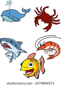 Vector graphic illustration of cute marine animal biota such as whales, sharks, Alaskan crabs, fish and shrimp
