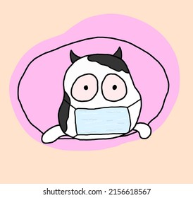 vector graphic illustration of cute milk cow logo with mask and pink background