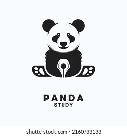 vector graphic illustration of a cute panda with a pen in the belly logo icon. good for education, children's toys, playground.