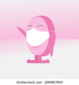 Vector graphic illustration of cute pink soap character who is happy because he is wearing a mask, suitable for children's graphic design products, cool wall decoration illustration, children's illust