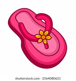 Vector graphic illustration of cute pink kids flip flops with yellow flower decoration on the strap. Perfect for kids themed designs.