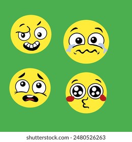 Vector graphic illustration of a cute yellow emoji on a green background