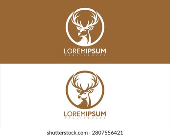 Vector graphic illustration of deer head logos on brown and white backgrounds with loremipsum text