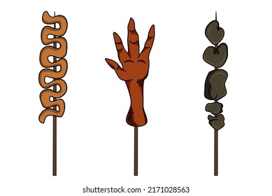 Vector graphic illustration of delicious chicken skewers (Chicken feet, liver and intestine). Good for icon, sticker chicken product, etc.