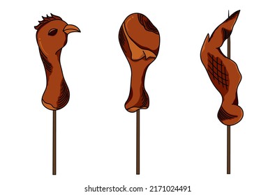 Vektorgrafik von köstlichen gegrillten Hühnerschnitzeln (Hühnertrommel, Hühnerkopf und Hühnerflügel). Gut für Ikone, Aufkleber usw.