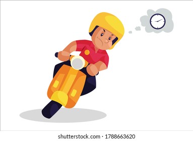 Vector graphic illustration. Delivery boy is getting late for pizza delivery. Individually on white background.	